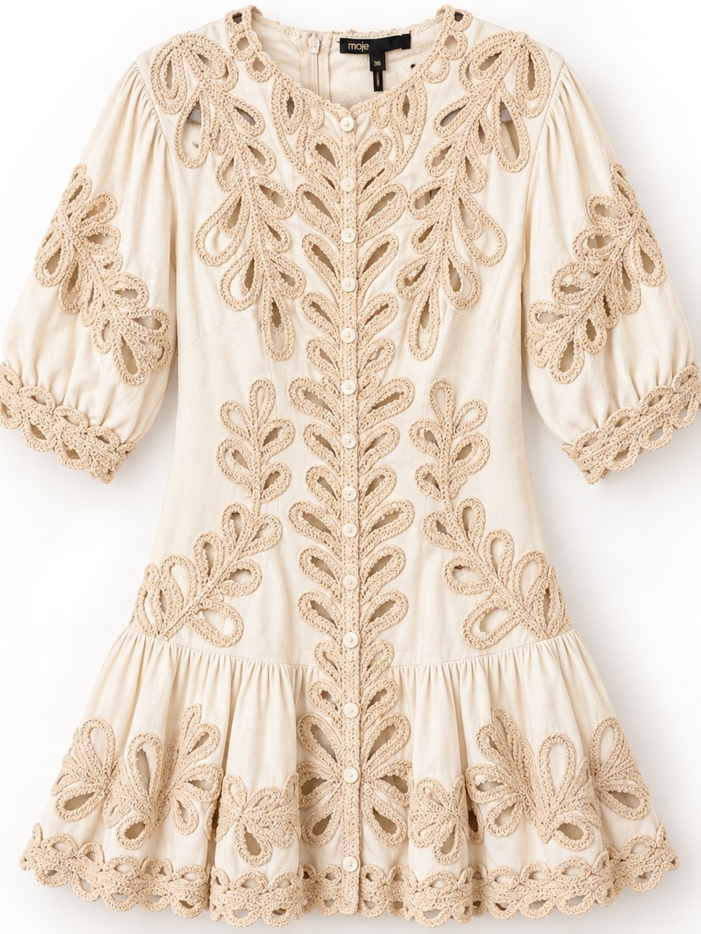 Maje Ivory Crochet Embroidered Puff Sleeve Mini Dress Size 36